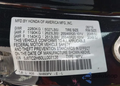 2020 Acura Rdx A-Spec Package from USA, damaged, VIN 5J8TC2H60LL007138